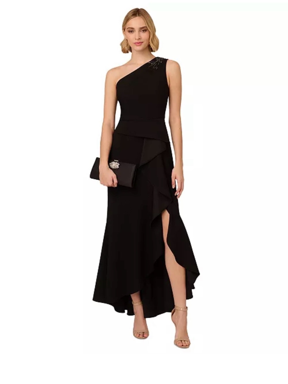 Adrianna Papell Black One-Shoulder Ruffle Evening Gown